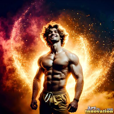 The male form in bold color, light, and motion. Cinematic UHD abstract art.