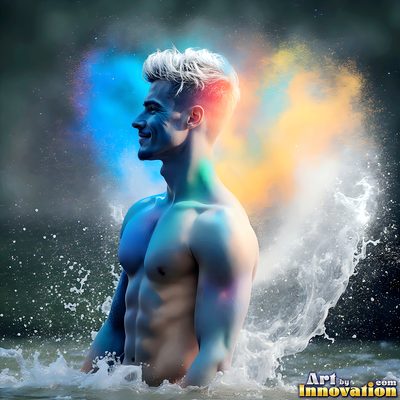 The male form in bold color, light, and motion. Cinematic UHD abstract art.