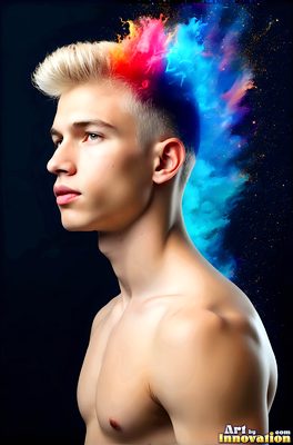The male form in bold color, light, and motion. Cinematic UHD abstract art.