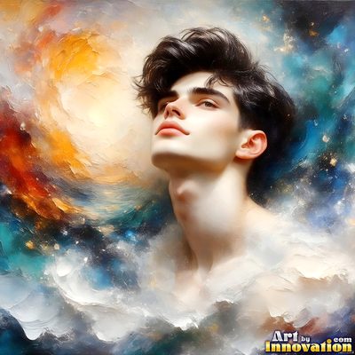 The male form in bold color, light, and motion. Cinematic UHD abstract art.