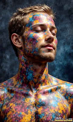 The male form in bold color, light, and motion. Cinematic UHD abstract art.