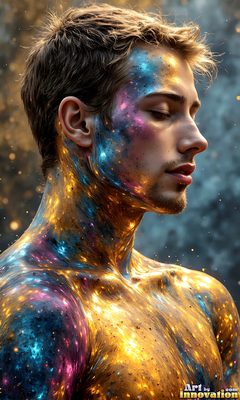 The male form in bold color, light, and motion. Cinematic UHD abstract art.