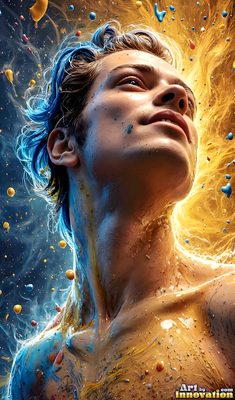 The male form in bold color, light, and motion. Cinematic UHD abstract art.