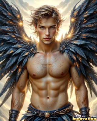 Male angels with luminous wings, holy light, and fallen legend. Cinematic UHD art.