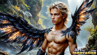 Male angels with luminous wings, holy light, and fallen legend. Cinematic UHD art.