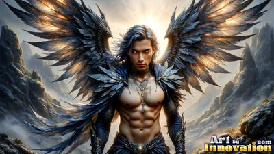 Male angels with luminous wings, holy light, and fallen legend. Cinematic UHD art.