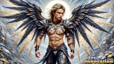 Male angels with luminous wings, holy light, and fallen legend. Cinematic UHD art.