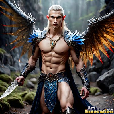 Male angels with luminous wings, holy light, and fallen legend. Cinematic UHD art.