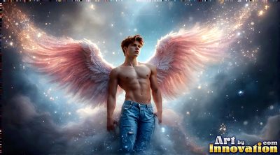 Male angels with luminous wings, holy light, and fallen legend. Cinematic UHD art.