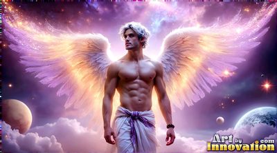 Male angels with luminous wings, holy light, and fallen legend. Cinematic UHD art.