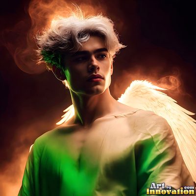 Male angels with luminous wings, holy light, and fallen legend. Cinematic UHD art.