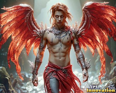 Male angels with luminous wings, holy light, and fallen legend. Cinematic UHD art.