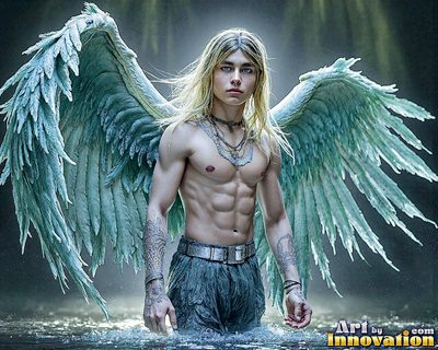 Male angels with luminous wings, holy light, and fallen legend. Cinematic UHD art.