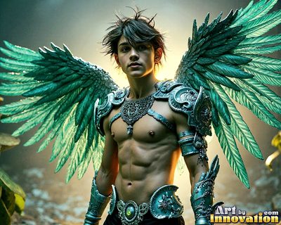 Male angels with luminous wings, holy light, and fallen legend. Cinematic UHD art.