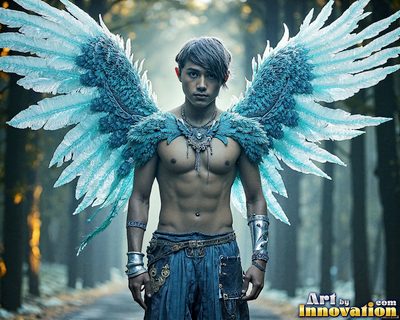 Male angels with luminous wings, holy light, and fallen legend. Cinematic UHD art.