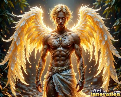 Male angels with luminous wings, holy light, and fallen legend. Cinematic UHD art.