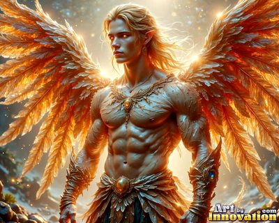 Male angels with luminous wings, holy light, and fallen legend. Cinematic UHD art.
