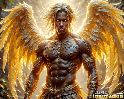 Male angels with luminous wings, holy light, and fallen legend. Cinematic UHD art.