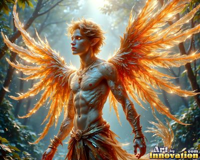 Male angels with luminous wings, holy light, and fallen legend. Cinematic UHD art.
