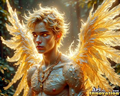 Male angels with luminous wings, holy light, and fallen legend. Cinematic UHD art.