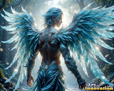 Male angels with luminous wings, holy light, and fallen legend. Cinematic UHD art.