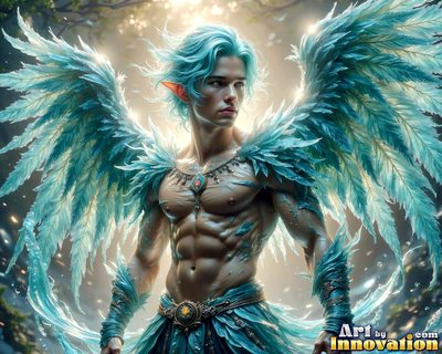 Male angels with luminous wings, holy light, and fallen legend. Cinematic UHD art.