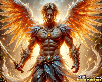 Male angels with luminous wings, holy light, and fallen legend. Cinematic UHD art.