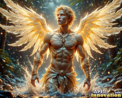 Male angels with luminous wings, holy light, and fallen legend. Cinematic UHD art.