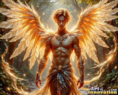Male angels with luminous wings, holy light, and fallen legend. Cinematic UHD art.
