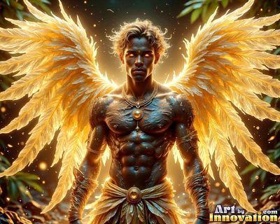 Male angels with luminous wings, holy light, and fallen legend. Cinematic UHD art.