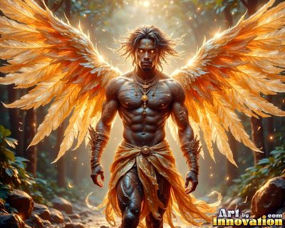 Male angels with luminous wings, holy light, and fallen legend. Cinematic UHD art.