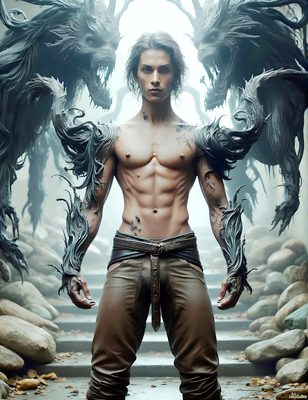 Male magic and myth: dragons, mages, elves, and sorcery. Cinematic UHD art.