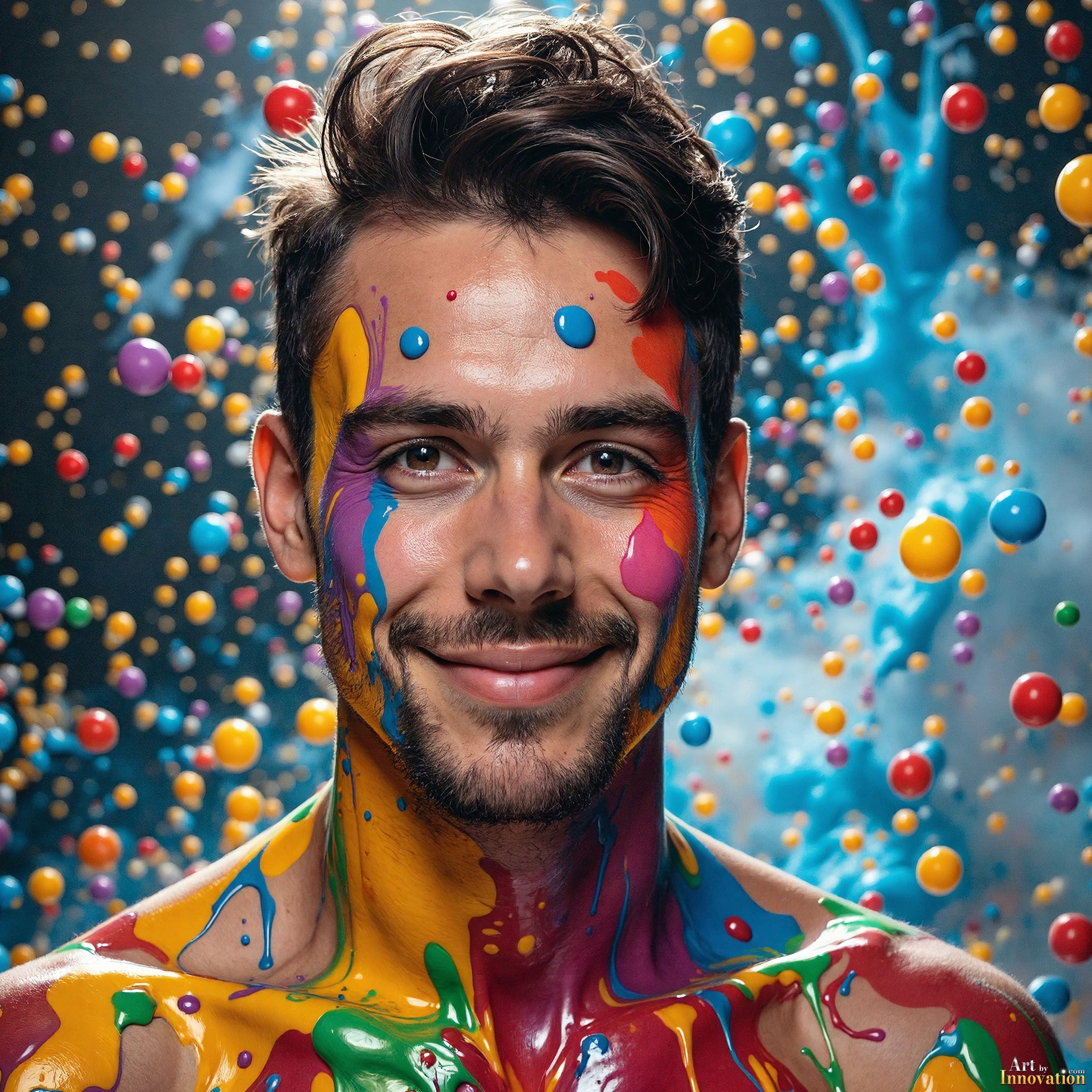 Paint Splat Fun - AI Photos of Hot men having fun with body paint. AI-generated abstract art featuring beautiful, handsome, sexy, shirtless, men, boys, lads, full of excitement joy and fun, covered in body paint, dynamic, interactive, Combining elements of realism with surreal abstract qualities, showcasing the potential of AI, in artistic expression.