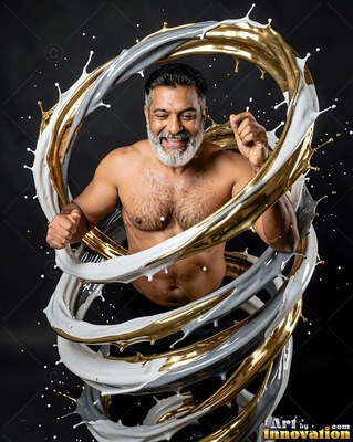 A smiling shirtless man stands inside swirling loops of gold and white liquid