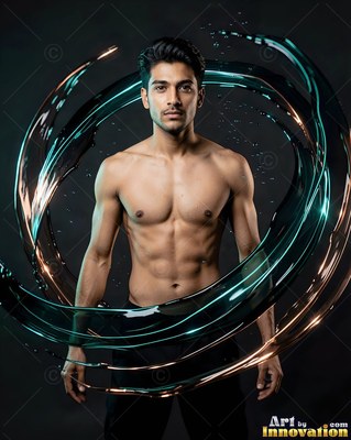 In a dark studio, a shirtless man is standing inside swirling rings of water