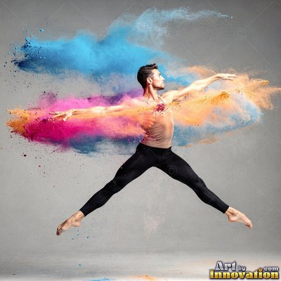 Man leaps midair through clouds of pink and blue powder