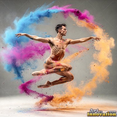 Ballet slippers on his feet, a leaping man curls in air inside a ring of colorful powder in a gray studio