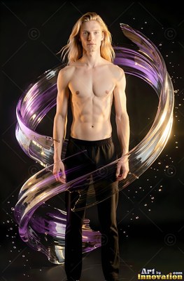 A shirtless blond man stands as a swirling ribbon of clear purple liquid catches the warm light