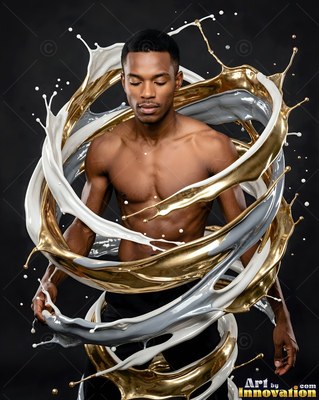 Shirtless man standing inside swirls of gold and white liquid splashes