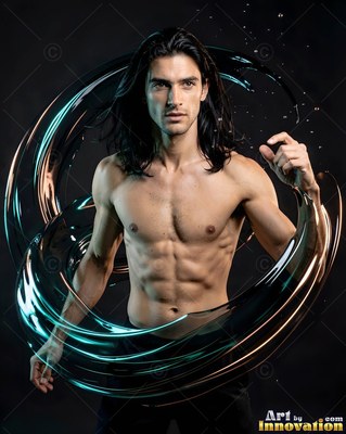 Long black hair drapes over a shirtless man in a dark studio wrapped in a swirl of water