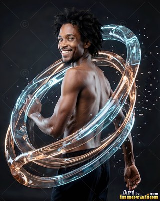 Turned over his shoulder in a dark studio, a smiling man inside rings of clear water