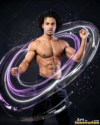 Raising his fists, a shirtless man stands inside swirling rings of water and purple light