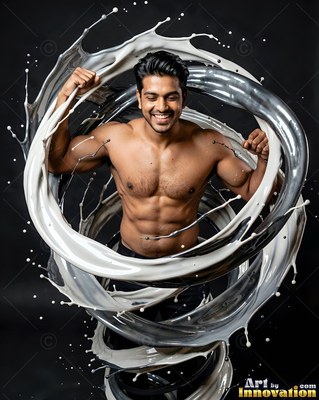 Flexing his arms in a dark studio, a shirtless man smiles inside swirling white liquid loops