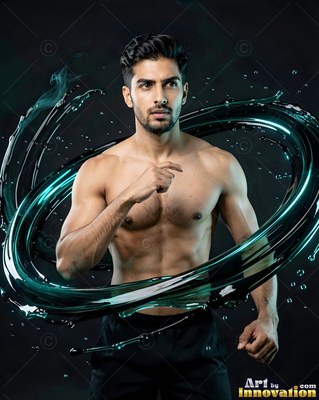 A shirtless man stands surrounded by a swirl of dark teal water