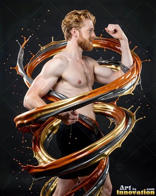 Flexing one arm, a shirtless redheaded man is circled by splashing bands of paint
