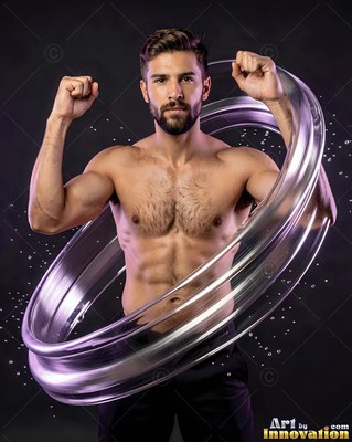 Short brown hair frames a shirtless man posing inside rings of clear water in a dark studio
