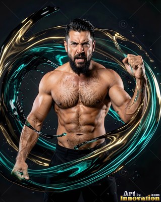 In a dark room, a muscular bearded man flexes inside swirling gold and teal liquid