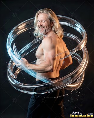 Smiling shirtless man with a spiral of clear water around him