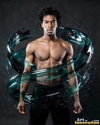 Bare-chested man in black pants with a swirling ring of clear liquid in a dark studio