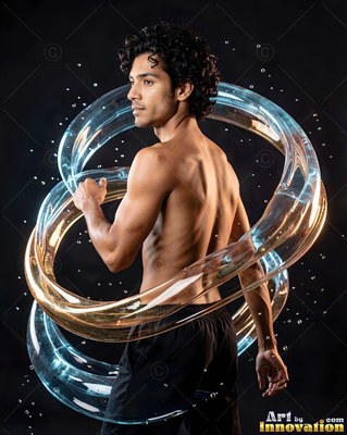 A shirtless man turns as clear water loops around his body in the dark